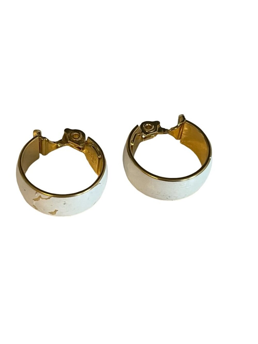 Monet Clip On Earrings Gold Tone White Enamel Hoop Signed Vintage 80s 90s